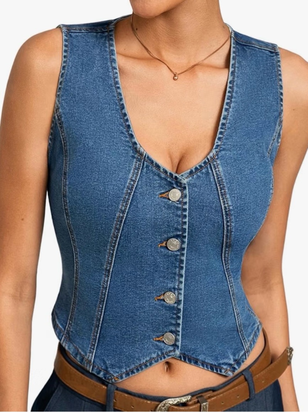 Sleeveless Denim Button-Front Vest Top - Blue